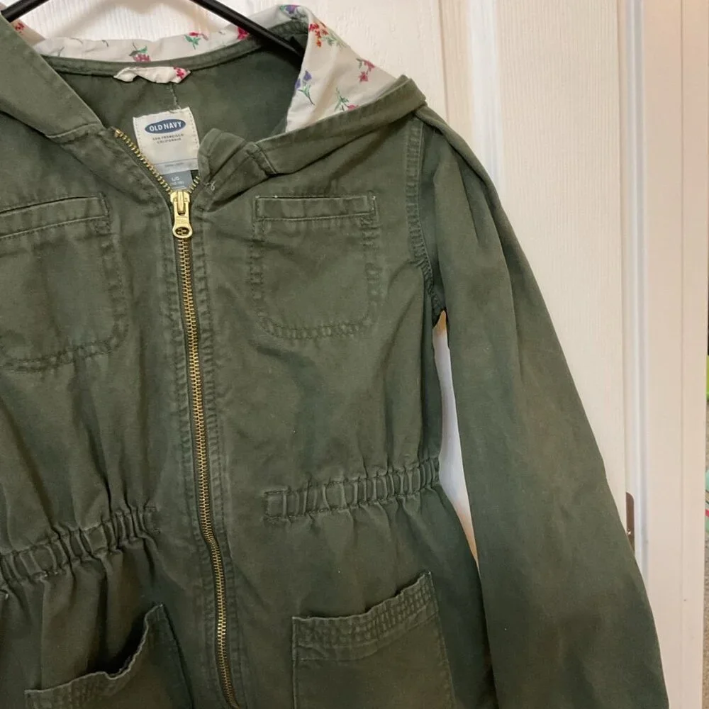 Old Navy Utility Jacket Girls Size L Green Pockets Hood Elastic Waist Zip Up